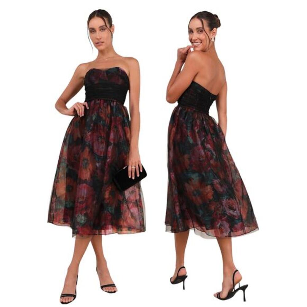 Lulus Splendidly Yours Black Floral Organza Mesh Strapless Midi Dress size L NWT - Picture 1 of 6